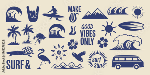 Tropical beach and surf-themed vector set showcasing palm trees, rolling waves, surfboards, vintage van, flamingos, and ocean-inspired elements with creative quotes, crafted in a bold graphic 