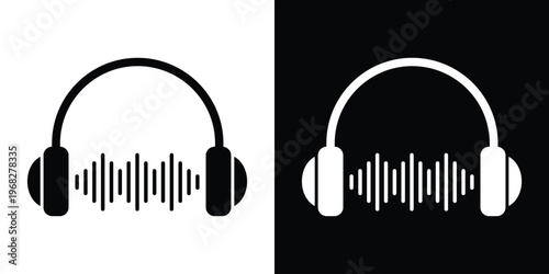 Modern flat vector icon of headphones combined with a digital sound wave. Perfect for representing music production, podcasts, audio editing, streaming services, and acoustic technology.