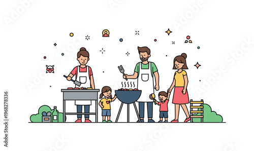 Family in the backyard backyard camping scene where children set up a small tent with parents assisting while small sparkle and star icons emphasize adventure,