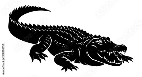 Powerful Alligator Silhouette Illustration with Open Jaws.