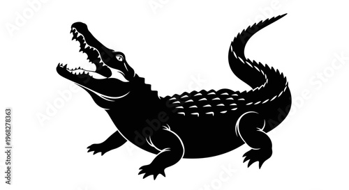 Black silhouette of a fierce crocodile with open jaws.