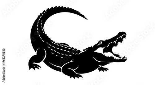 Black silhouette of a fierce crocodile with open jaws, ready to strike, on a clean white background.