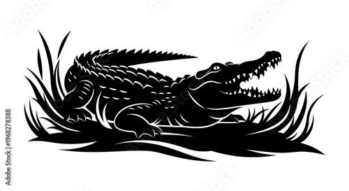 Powerful Alligator Silhouette in Lush Grass Vector Illustration.