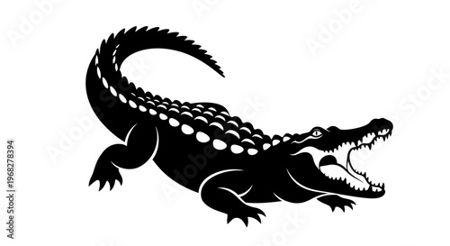 Black silhouette of a fierce crocodile with open jaws.