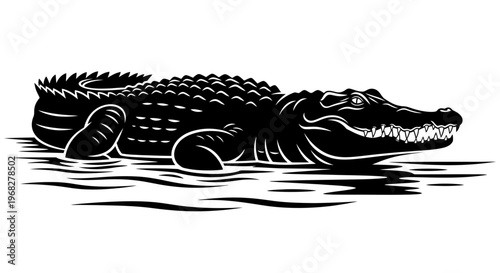 Powerful Alligator Silhouette in Water Vector Illustration.