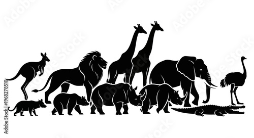 Canvas Print Collection of wild animals silhouettes, including lion, elephant, giraffe, rhinoceros, kangaroo, ostrich, and crocodile
