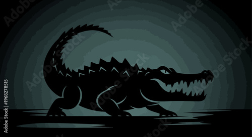 Menacing Alligator Silhouette in Dark Swampy Environment.