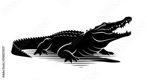 Powerful Alligator Silhouette with Open Jaws on White Background.