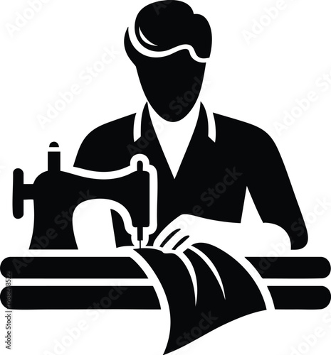 Tailor sewing with a machine flat vector icon representing fashion design and tailoring services isolated on white
