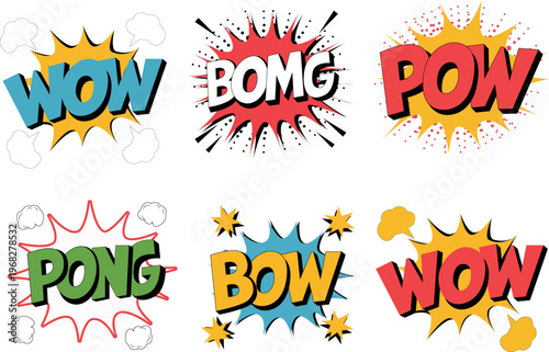 Speech bubbles for "bow," "wow," and "power." These are humorous comic book dialogues or superhero lines. A set of isolated vector cartoon symbols.