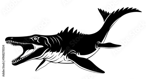 Mosasaurus prehistoric marine reptile black and white illustration.