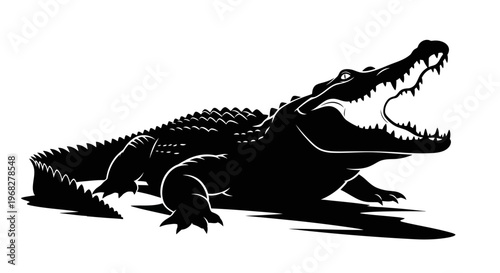 Powerful Alligator Silhouette with Open Jaws on White Background.