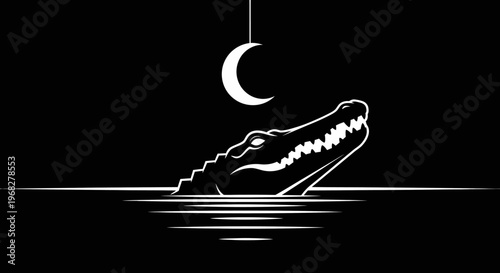 Mysterious Alligator Head Emerging from Dark Water Under Crescent Moon.