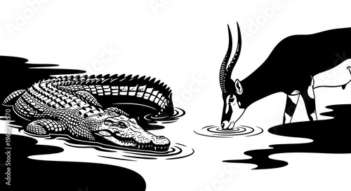 Crocodile and Antelope at Waterhole Black and White Illustration.