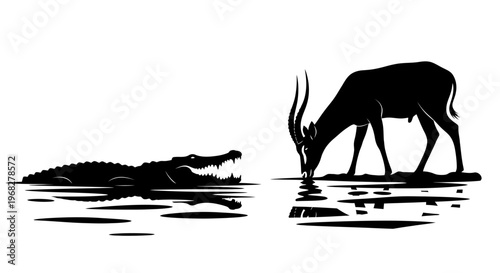 Crocodile and Antelope at Waters Edge Silhouette.