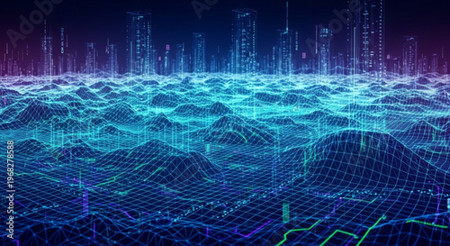 Futuristic digital landscape with neon blue and purple grid lines abstract cityscape in background technology and innovation concept