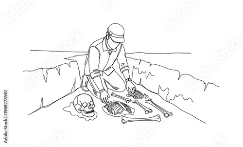 Excavated Remains. Minimalistic one-line drawing archaeologist uncovering skeletal fragments, continuous single black line on white background, simple outline