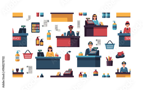 customer service patterns seamless pattern, repeating pattern, surface design, textile print, modern illustration of cashiers, service counters, products,