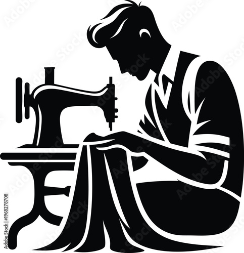Tailor sewing with vintage sewing machine silhouette illustration of a craftsman at work representing fashion design and tailoring services