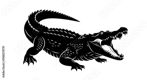Powerful Alligator with Open Jaws Black and White Illustration.