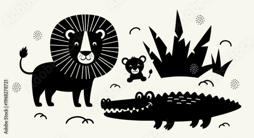 Safari animals black silhouettes set with lion cub and crocodile.