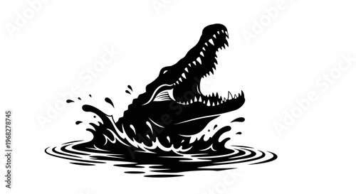 Powerful Alligator Emerges from Water with Jaws Open.