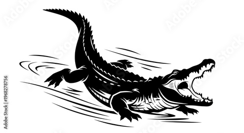 Powerful alligator emerges from water with open jaws.