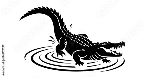 Powerful Alligator Emerging from Water in Striking Black and White Illustration.
