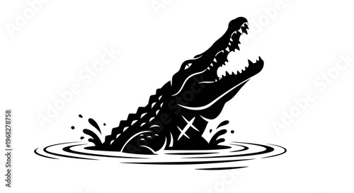Powerful Alligator Emerging from Water with Open Jaws.