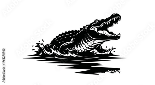 Powerful Alligator Emerging from Water in Striking Black and White.