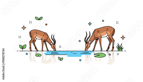 Impalas drinking water reflection scene where impalas bend to drink from a pond while tiny sparkle and leaf icons highlight calm, habitat, and
