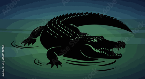 Dark Alligator Swimming in Water at Night.