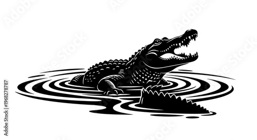 Powerful Alligator Emerging from Water with Open Jaws Black and White Illustration.