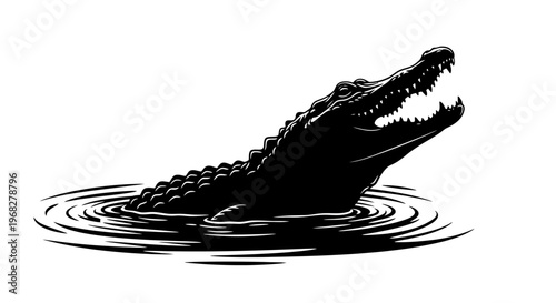 Powerful Alligator Emerging from Water with Open Jaws.