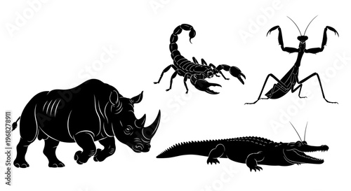 Set of four black silhouettes of wild animals including a rhinoceros, scorpion, praying mantis, and crocodile.