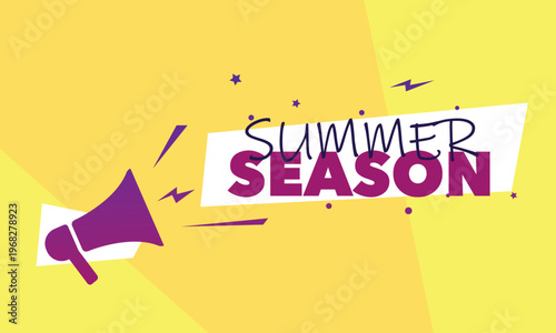 Summer Season Sale Banner with Megaphone and Stars on Yellow Background in Pop Art Style