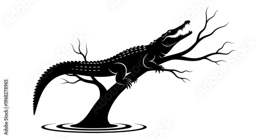 Silhouette of a crocodile perched on a tree branch above water.