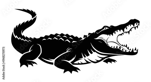 Powerful alligator with open mouth in black and white.