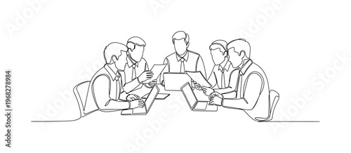 Workgroup Discussion. Minimalistic one-line drawing team members sharing ideas with papers and laptops, continuous single black line on white background,