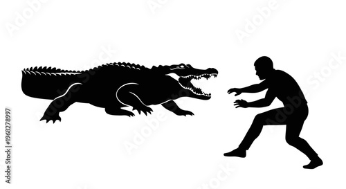 Silhouette of a man confronting a two-headed crocodile.