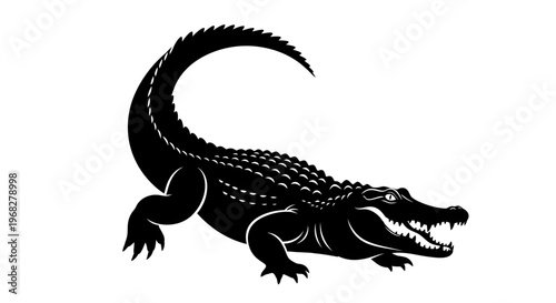 Powerful black alligator silhouette vector illustration with open jaws.