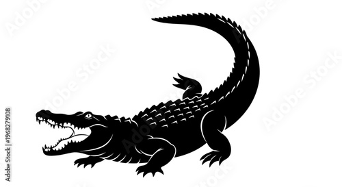 Powerful black crocodile silhouette with open jaws.