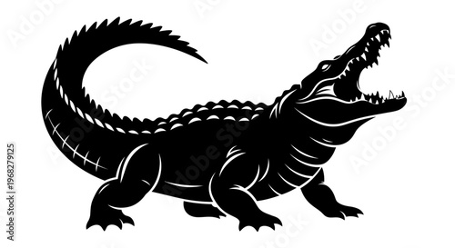 Powerful black crocodile with open jaws illustration.