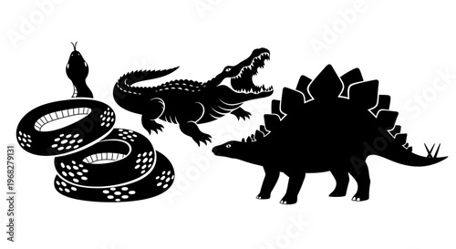 Silhouettes of a coiled snake, an aggressive alligator, and a stegosaurus dinosaur on a white background.
