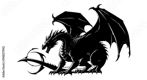 Powerful Black Dragon Silhouette with Spread Wings and Open Mouth.