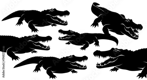 Silhouettes of alligators and crocodiles in various poses.