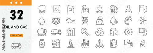 Oil and gas icons set representing fuel, refinery, drilling, pipeline, energy production, storage and industrial operations . Editable Stroke.