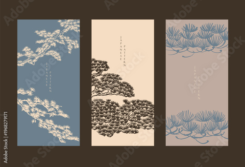 vector illustration of bonsai tree branch element with ink wash in traditional style.