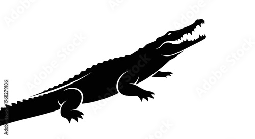 Powerful black silhouette of a crocodile with open jaws.