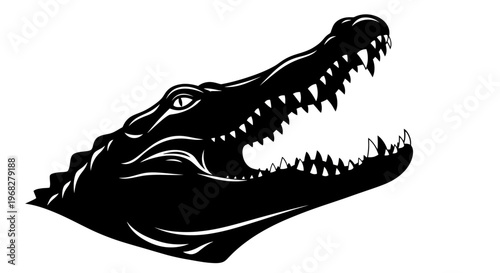 Powerful black silhouette of an alligator head with open jaws.